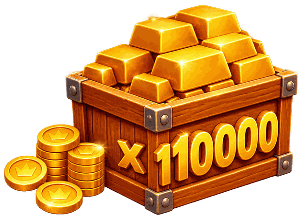 Cofre de madera lleno de lingotes de oro y monedas con un multiplicador x10.000