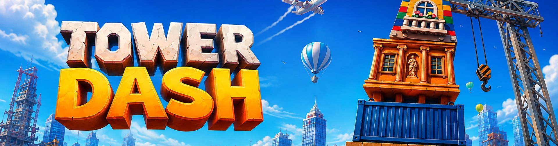 Banner del juego Tower Dash de INOUT Games: torre de bloques apilados y grúa de obra sobre una ciudad